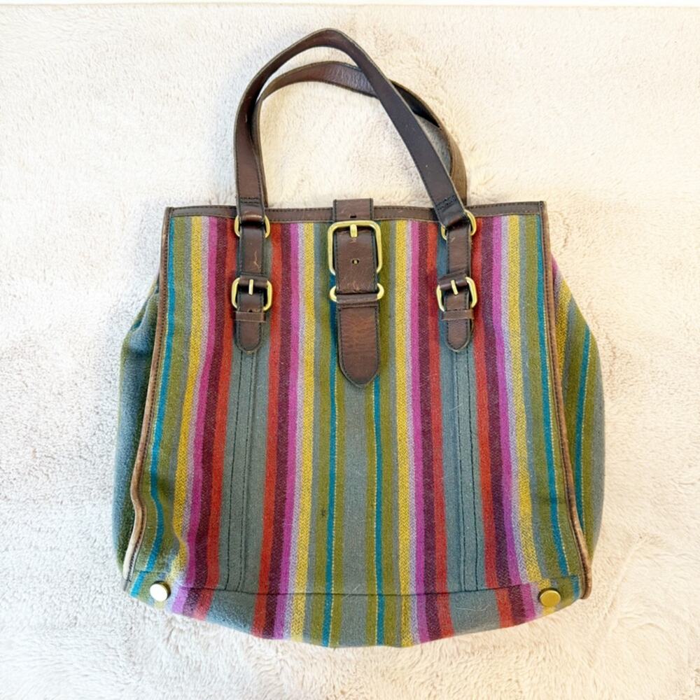 FOSSIL Multi-Colored Striped Wool Tote Bag with Leather Buckle
